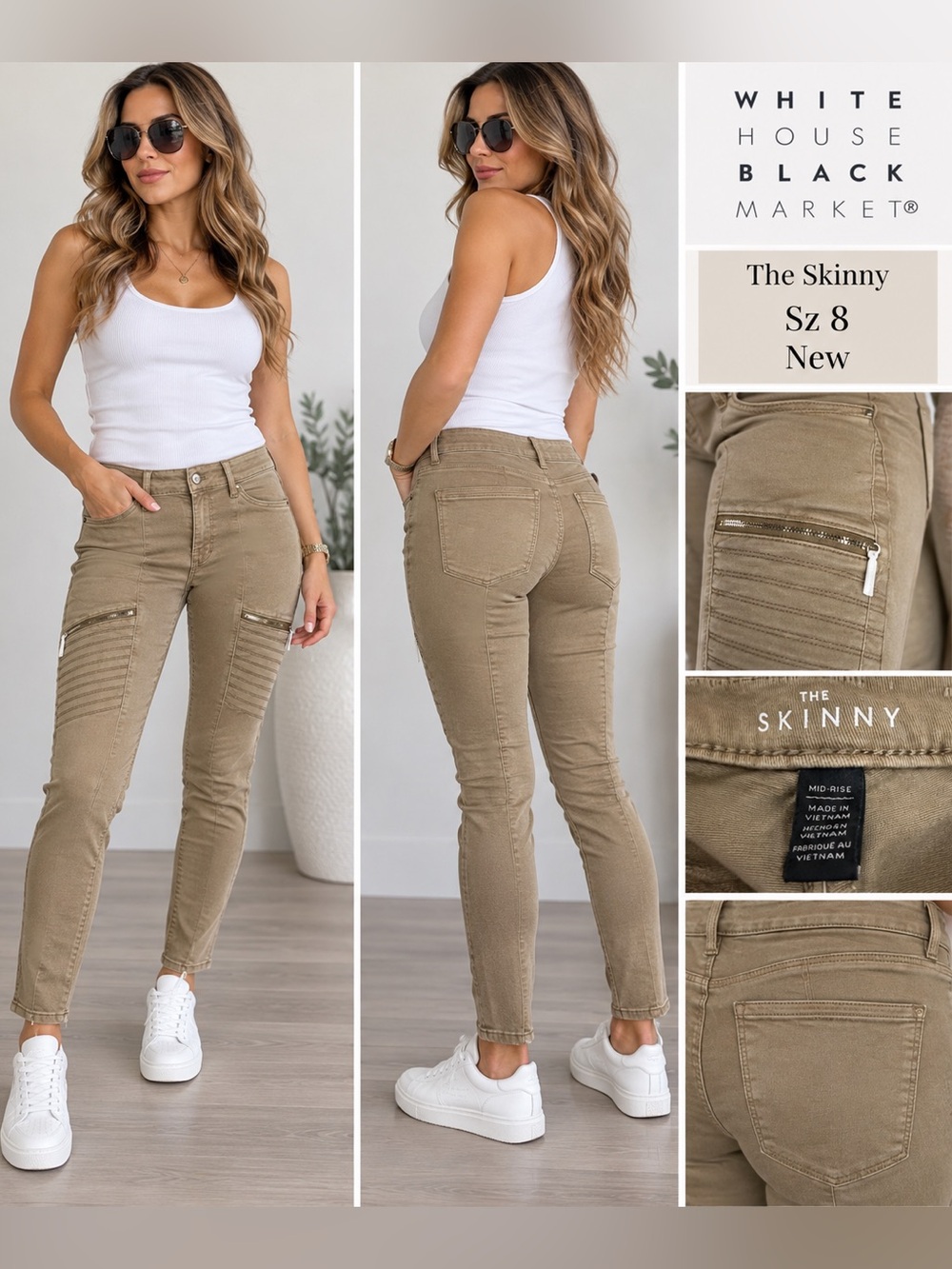 White House Black Market Khaki Skinny Moto-Detail Mid-Rise Pants Sz 8